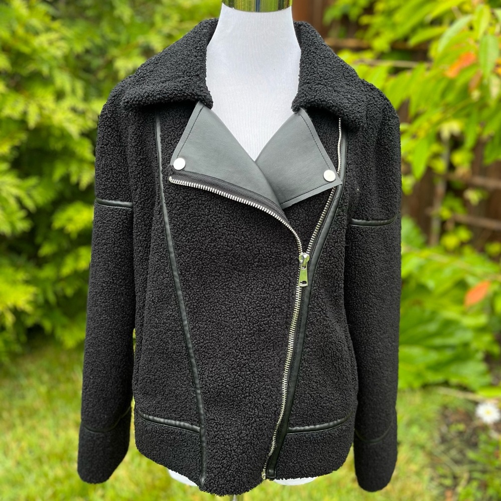 JOIE‎ Women's Sherpa/ Vegan Leather Jacket Moto Ryder Black Size M NWOT